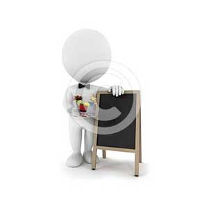 3d white people waiter with cocktail and blackboard